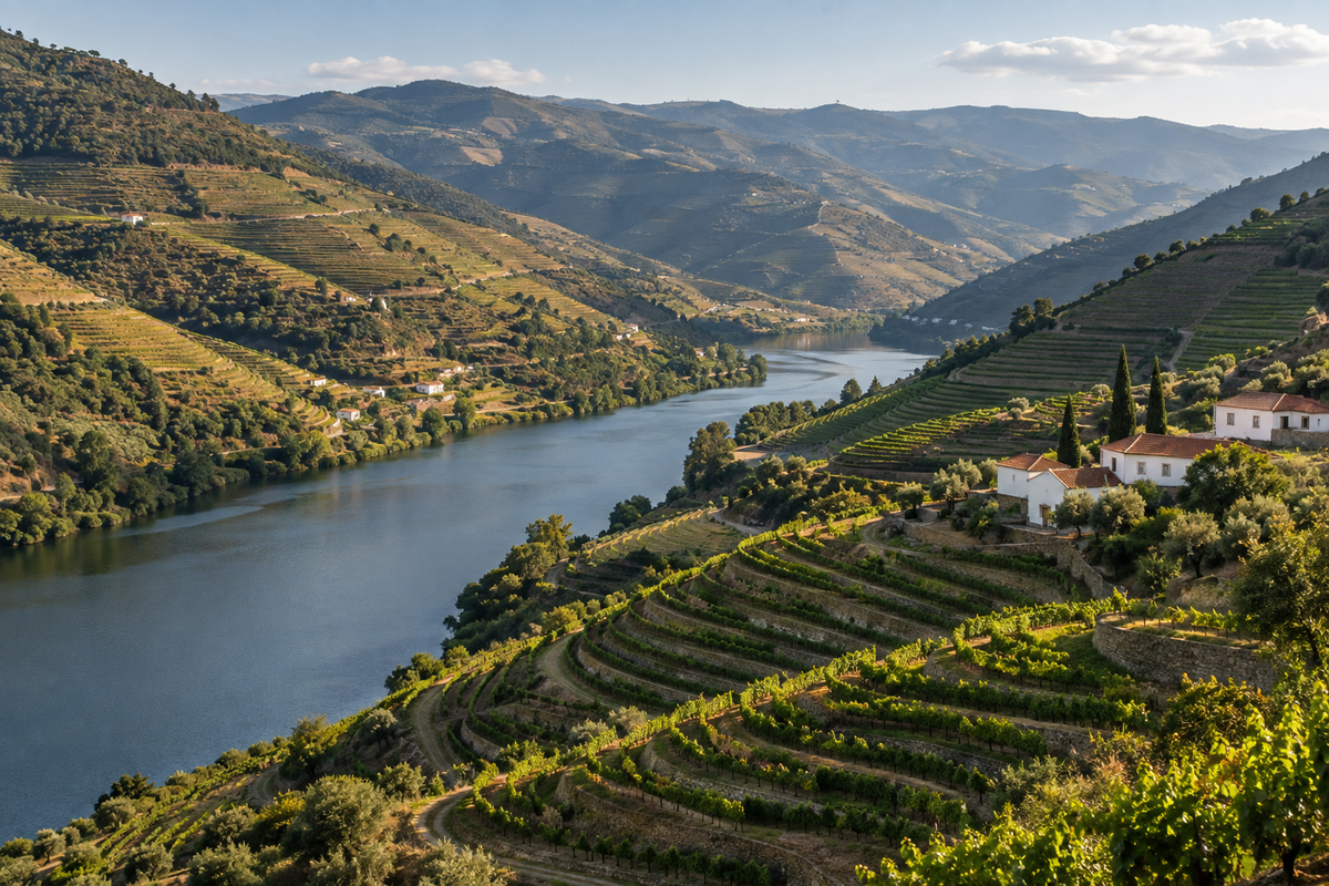Douro River curving between steep terraced vineyards and white farmhouses in northern Portugal