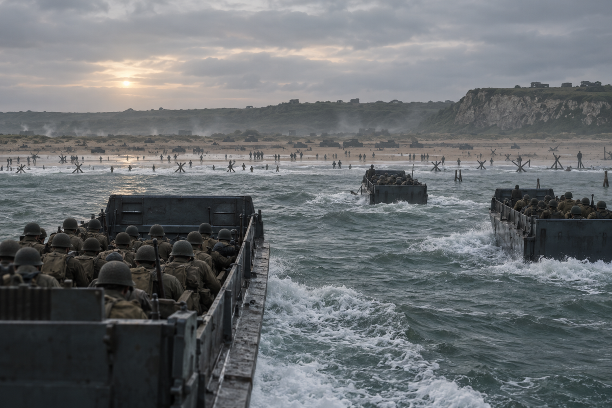 Allied landing craft approaching a Normandy beach at gray dawn in a respectful historical reconstruction