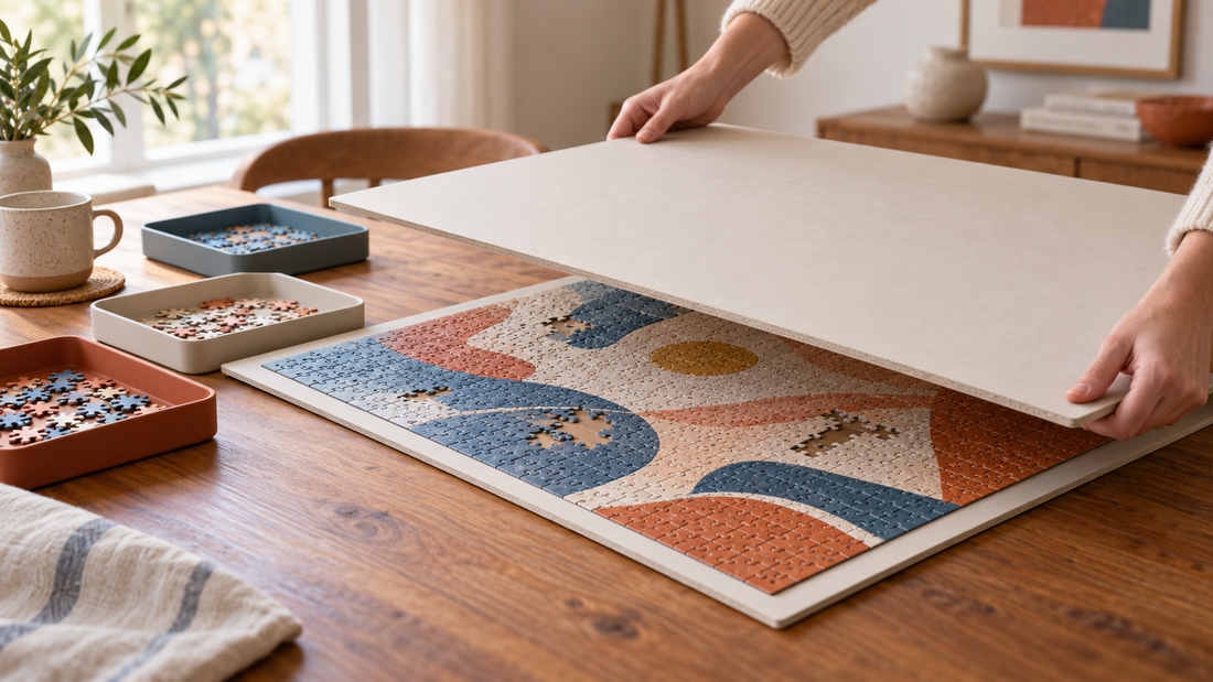 Hands positioning a rigid protective board above a partially completed abstract jigsaw puzzle