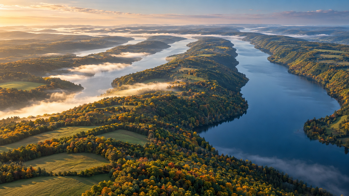 Aerial-style editorial view of long blue lakes among parallel green and gold ridges