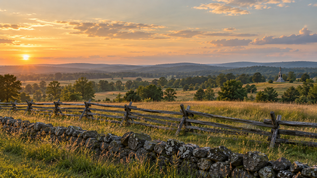Quiet rolling battlefield landscape with a split-rail fence, stone wall, and distant monument at sunset