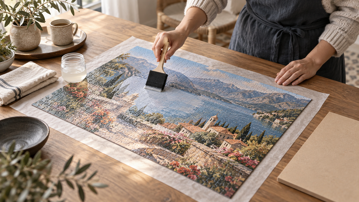Adult applying a thin coat of clear puzzle glue to a completed landscape jigsaw puzzle with a foam brush