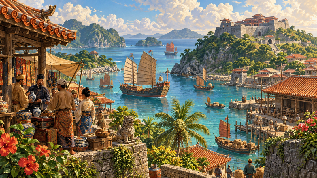 Editorial illustration of a Ryukyu island harbor with trading ships, red-tiled buildings, and a hilltop gusuku