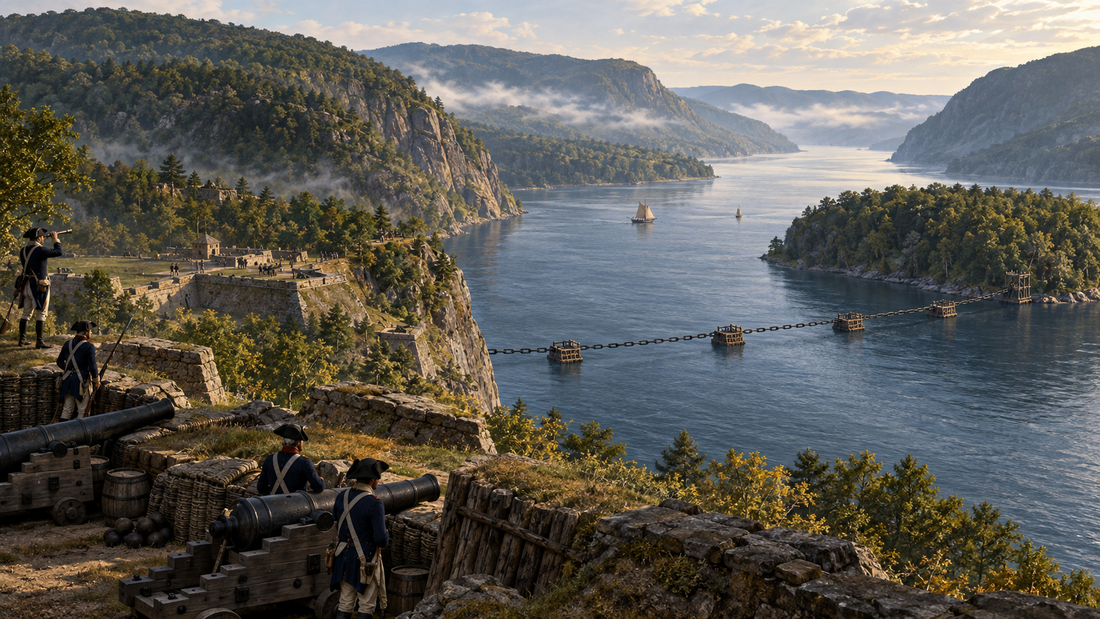 Historical editorial illustration of West Point fortifications overlooking the Hudson River and Great Chain