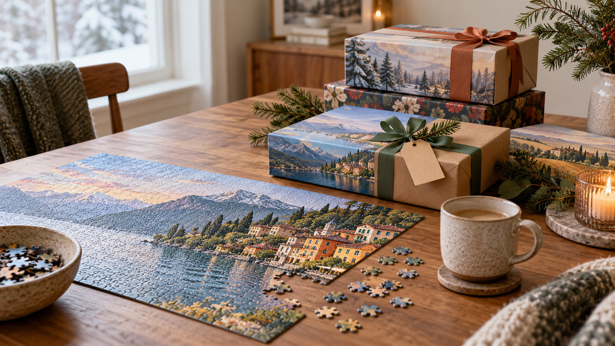 Wrapped jigsaw puzzle gift beside loose puzzle pieces, ribbon, cocoa, and evergreen branches