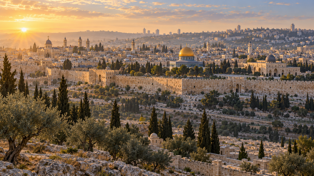Panoramic view of Jerusalem’s Old City walls and domes in warm sunrise light