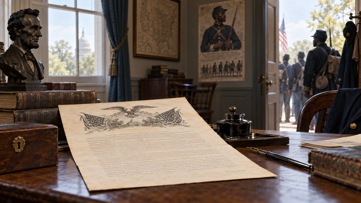 Interpretive Civil War-era scene with a proclamation broadside and Black Union soldiers