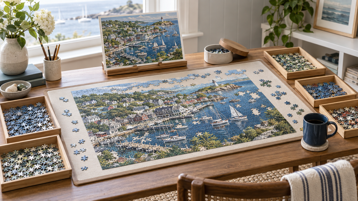 Organized jigsaw puzzle workspace with sorting trays, a puzzle board, and a reference image