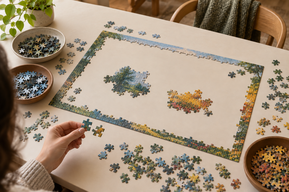 Puzzle table with a connected border, two colorful interior clusters, and loose pieces sorted nearby