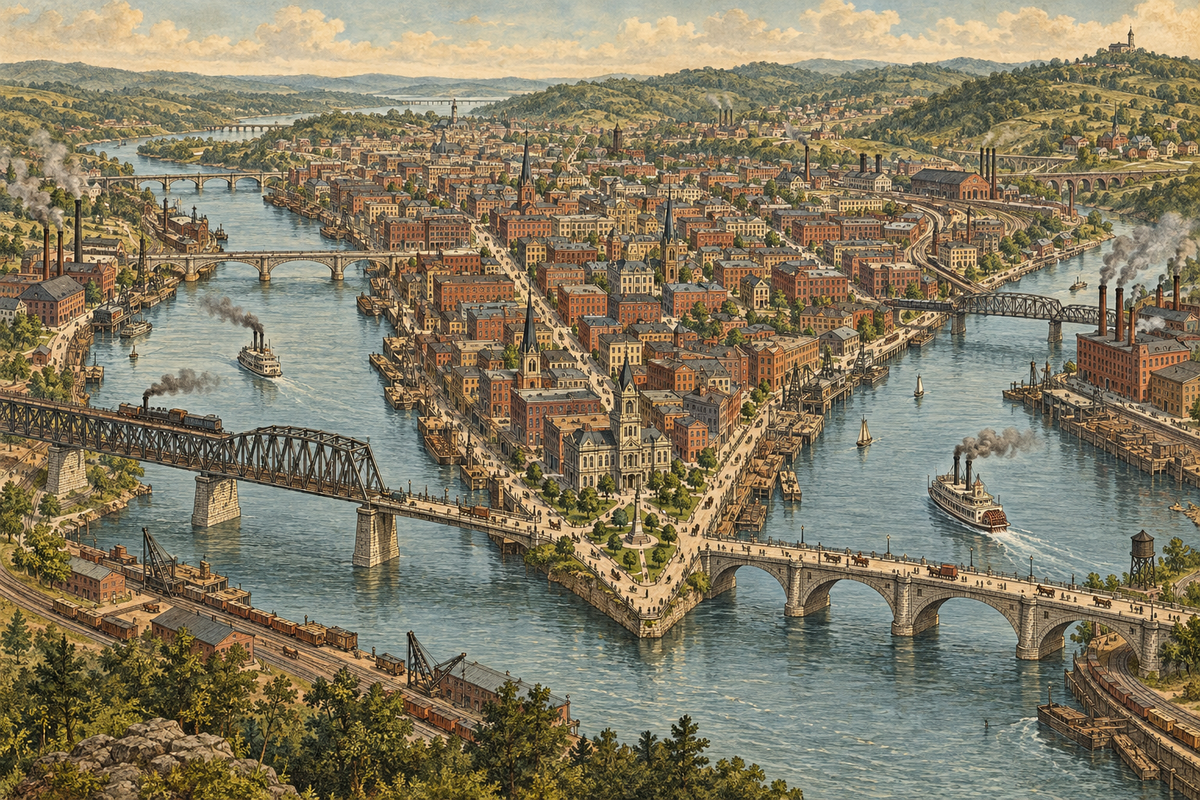 Contemporary illustration of a river city viewed from above in the style of a hand-colored panoramic map
