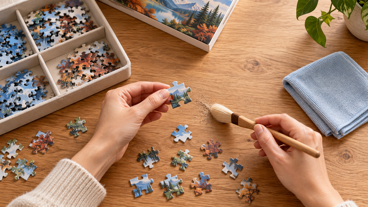 Clean hands using a soft dry brush beside cardboard jigsaw puzzle pieces on a tidy wooden table