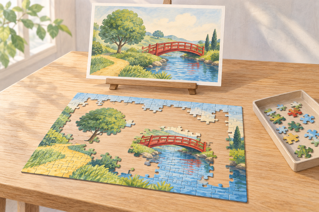 Illustration of a reference picture on a tabletop stand beside an unfinished puzzle showing the same bridge and tree scene