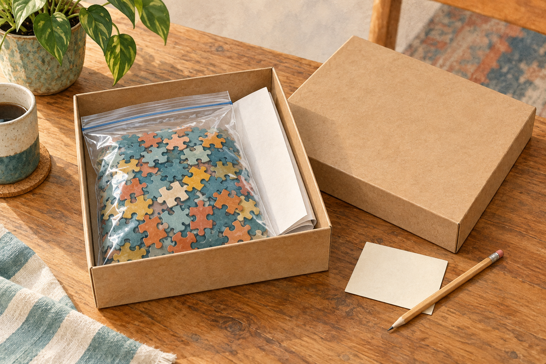Illustrative packing scene with bagged colorful jigsaw pieces in a plain box, a folded sheet, and a blank card beside a pencil