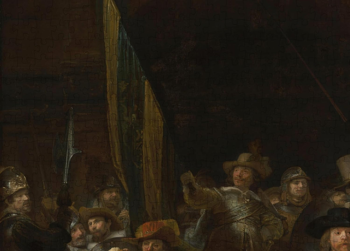 The Night Watch by Rembrandt puzzle: upper-left figures and architecture