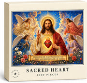 Ivory Sacred Heart of Jesus 1000-piece puzzle box showing Jesus, four angels, roses and lilies