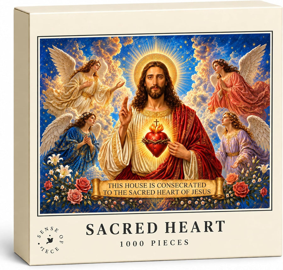 Ivory Sacred Heart of Jesus 1000-piece puzzle box showing Jesus, four angels, roses and lilies