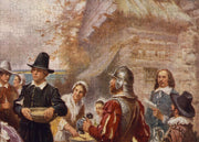 The First Thanksgiving Art puzzle: right-side figures and cabin