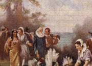 The First Thanksgiving Art puzzle: left-side figures and distant water