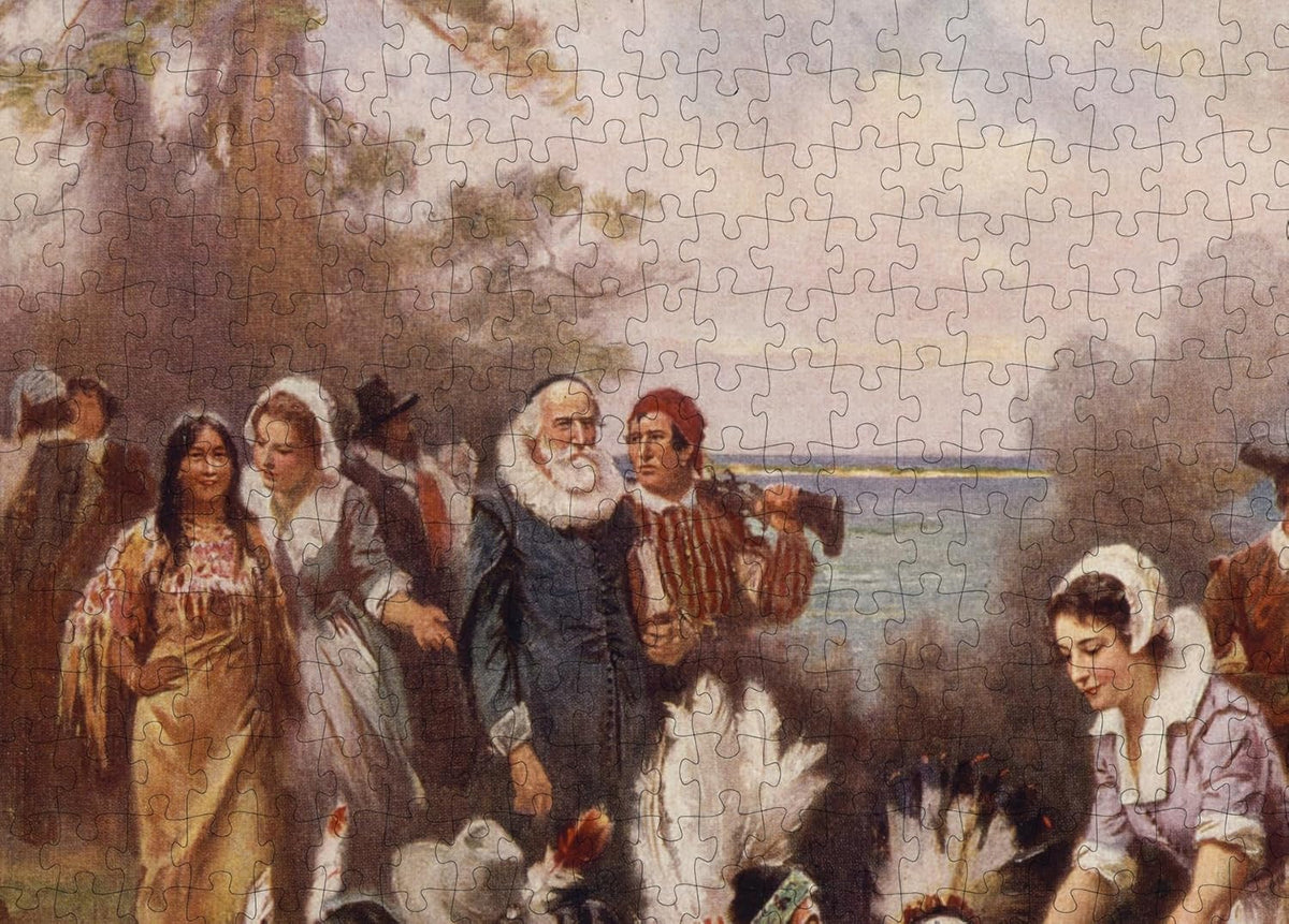 The First Thanksgiving Art puzzle: left-side figures and distant water