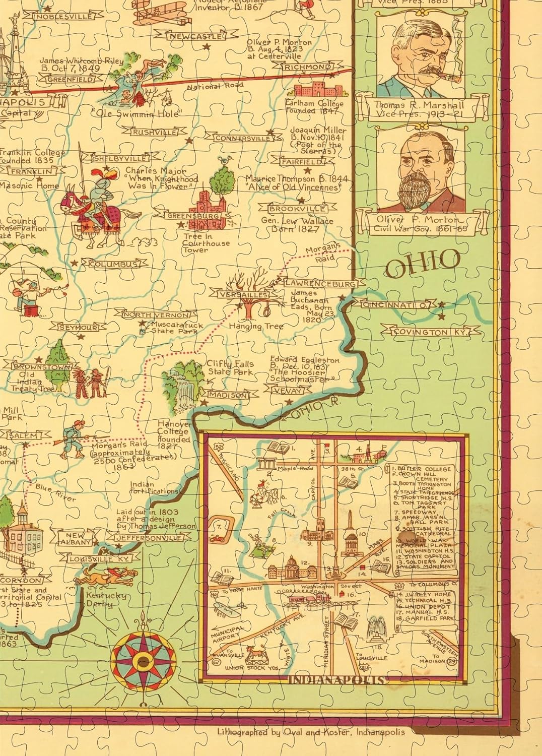 Indiana Pictorial Map puzzle: southeastern map and Indianapolis inset