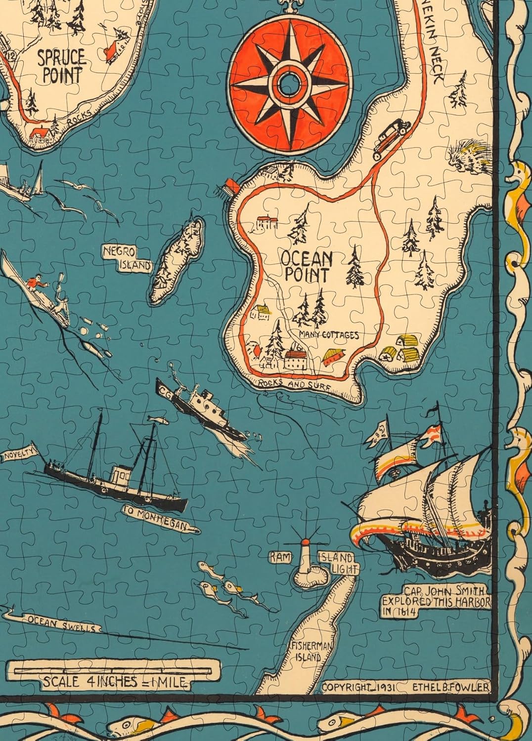 Boothbay Harbor Map puzzle: ocean Point and compass detail