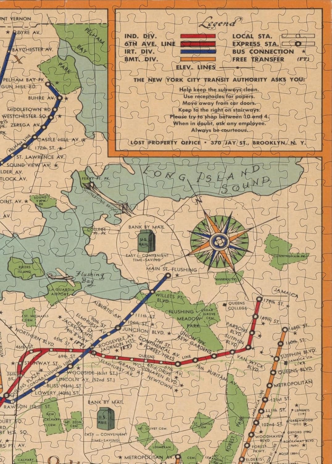 New York City Subway Map puzzle: transit legend and Long Island detail