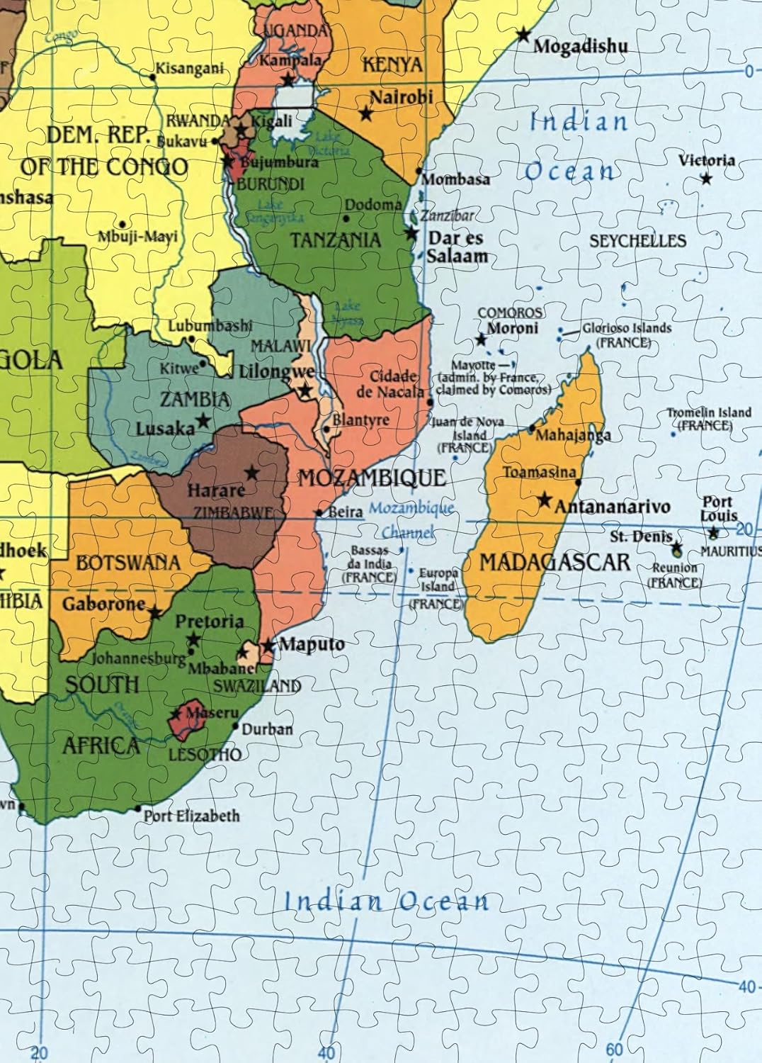 Africa Political Map puzzle: southeastern Africa and Madagascar