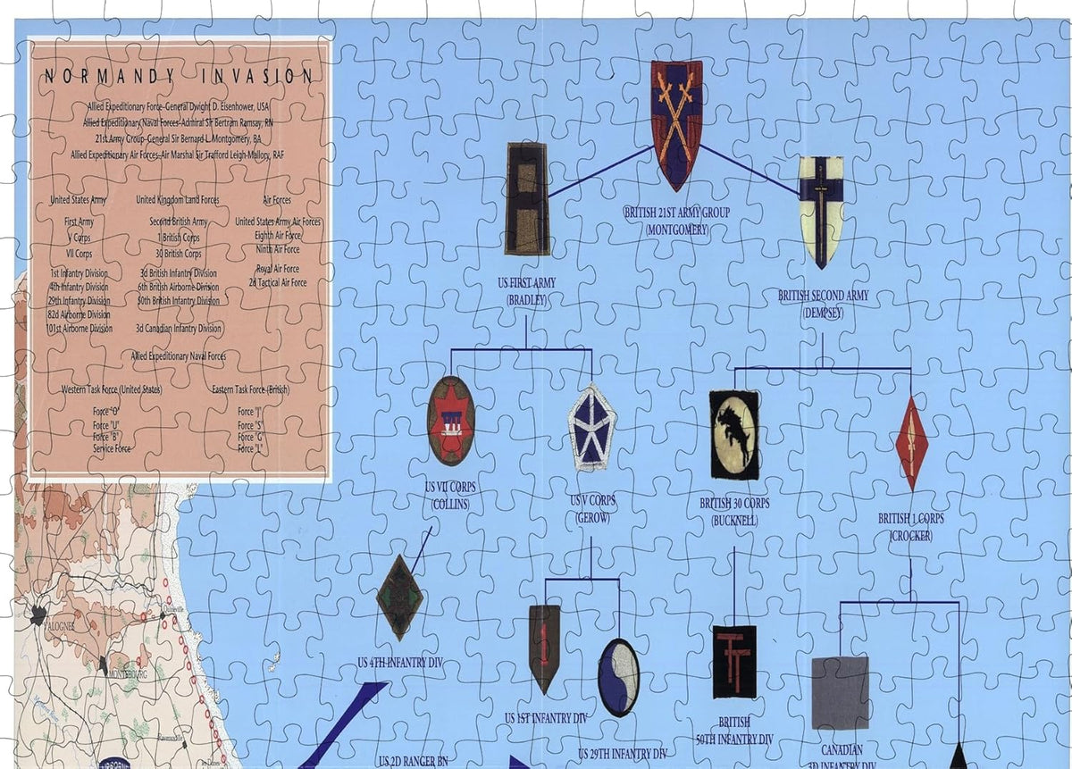 D-Day Normandy Landing Map puzzle: military insignia and landing detail