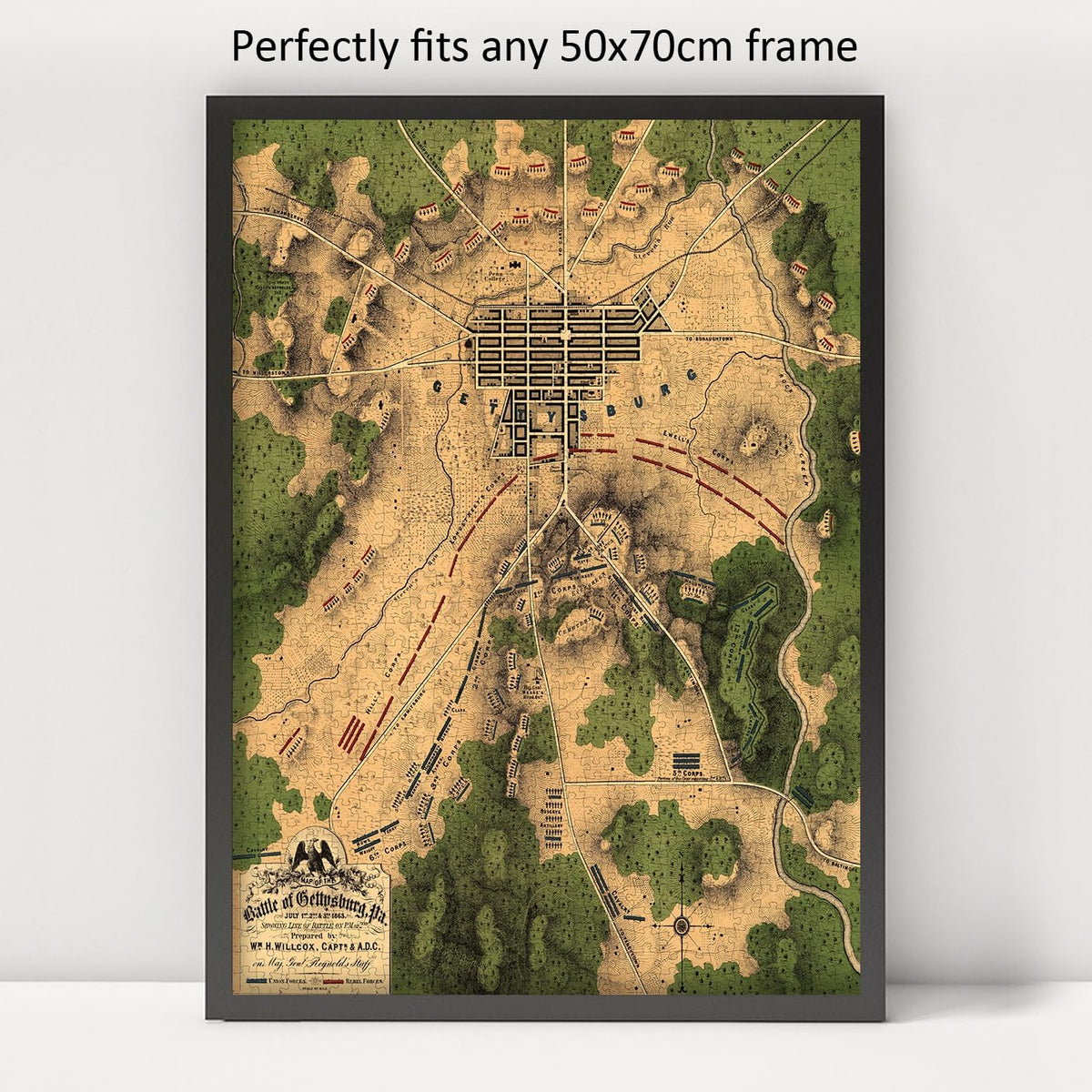 Gettysburg Battlefield Map puzzle: framed display example