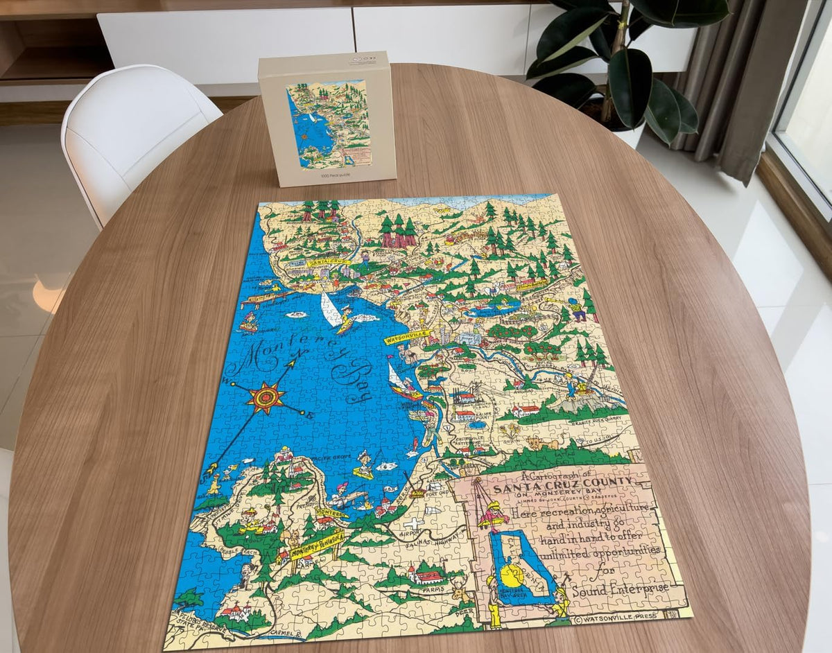 Santa Cruz County Map puzzle: completed puzzle on tabletop beside box