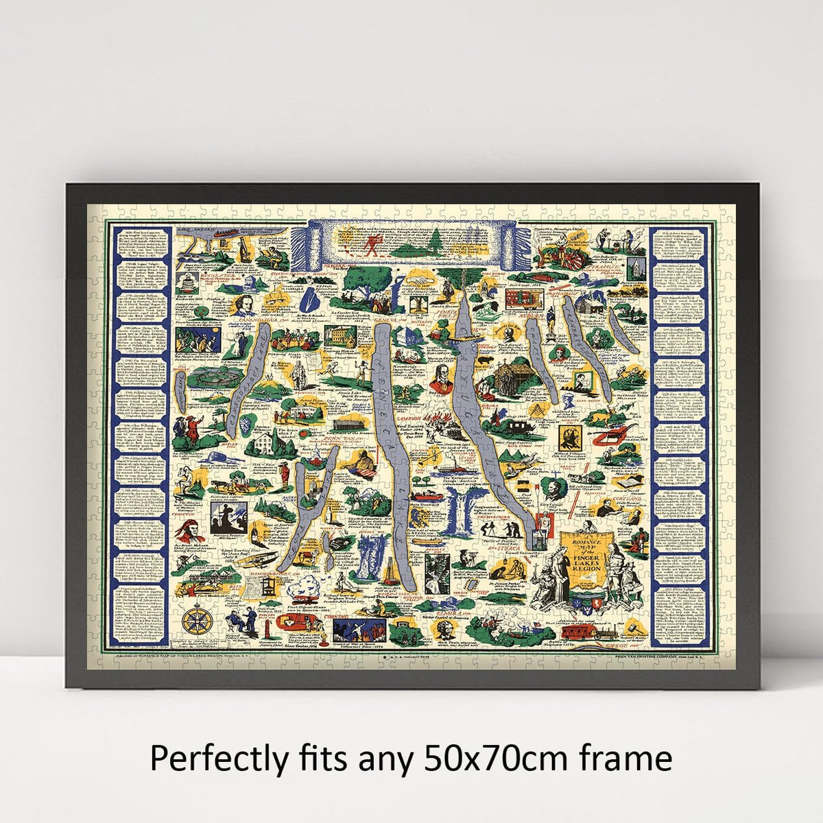 Finger Lakes Pictorial Map puzzle: framed display example