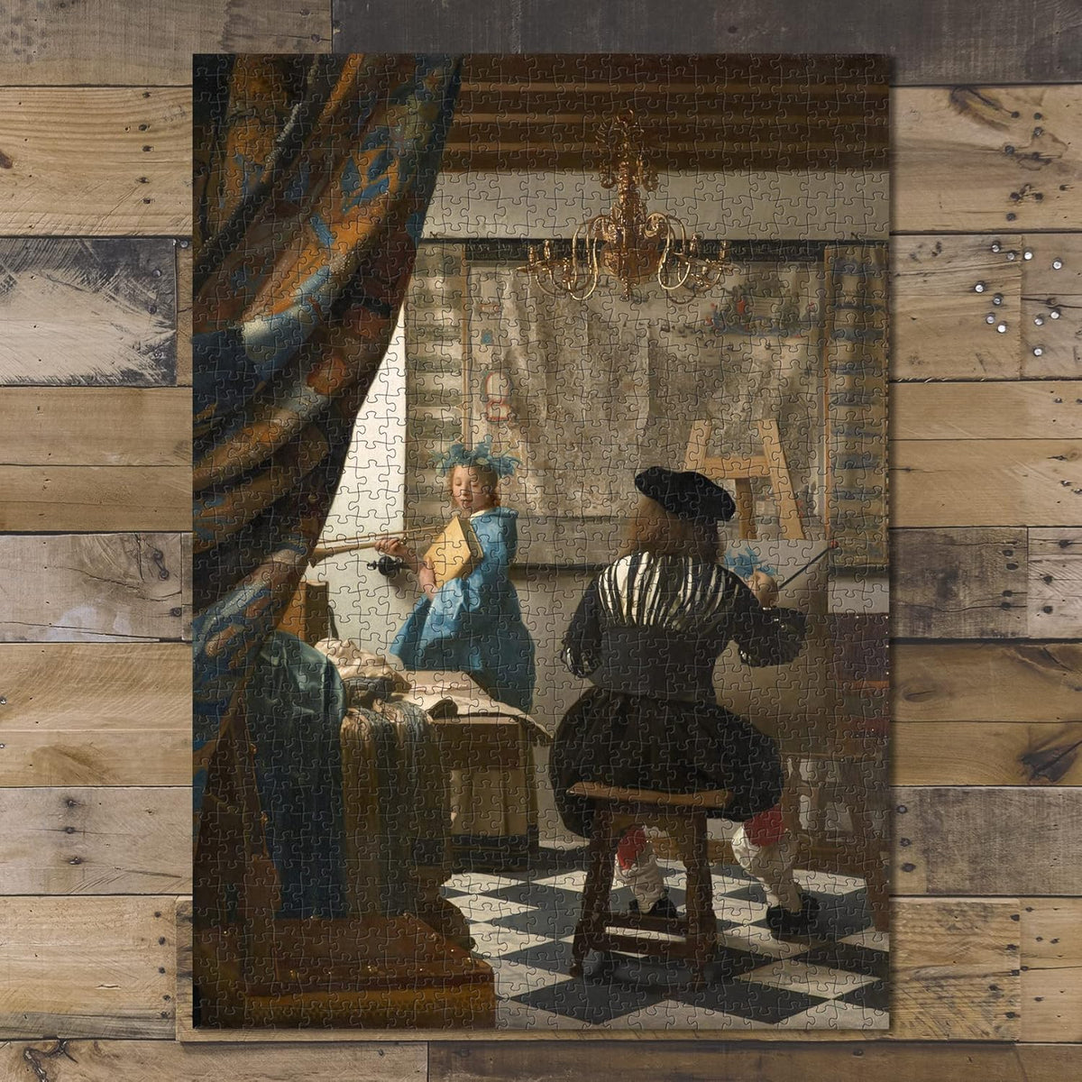 The Art of Painting by Vermeer puzzle: completed puzzle on wooden tabletop