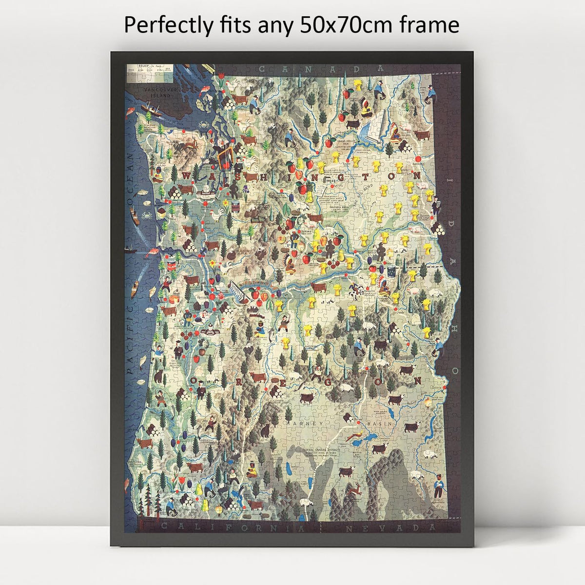 Pacific Northwest Pictorial Map puzzle: framed display example