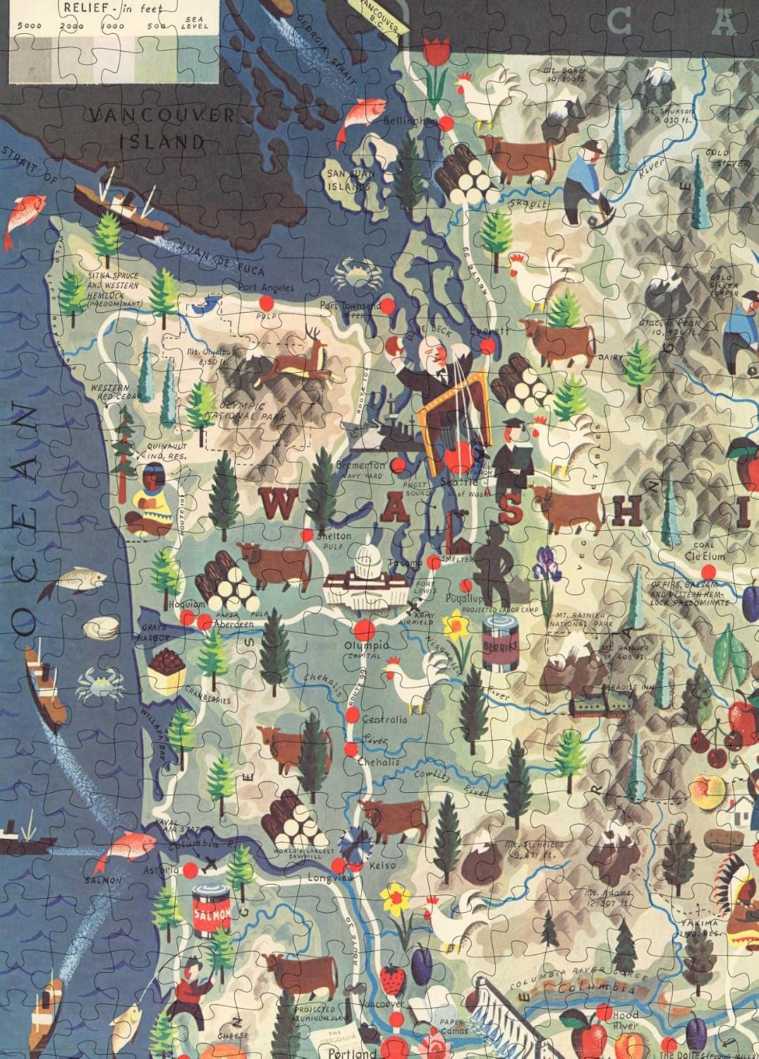Pacific Northwest Pictorial Map puzzle: washington and coastal detail