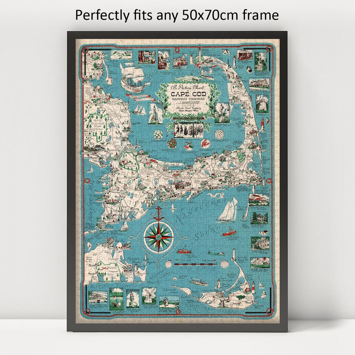 Cape Cod Pictorial Map puzzle: framed display example