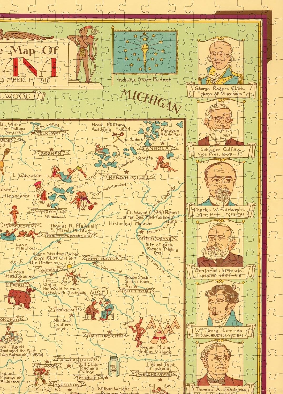 Indiana Pictorial Map puzzle: northeastern map and border portraits