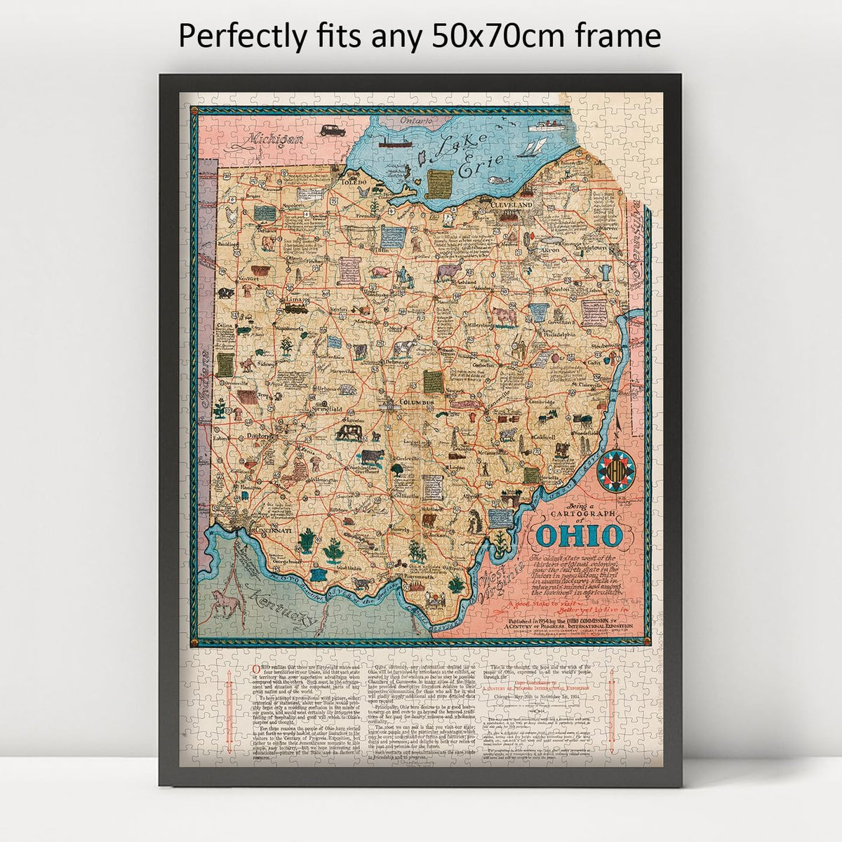 Ohio Pictorial Map puzzle: framed display example