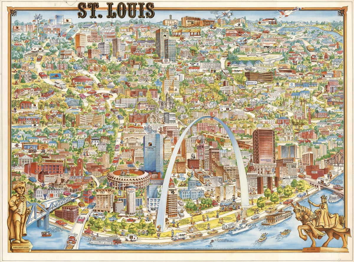 Illustrated 1978 St. Louis map with the Gateway Arch, city streets and landmarks for the 1000-piece puzzle