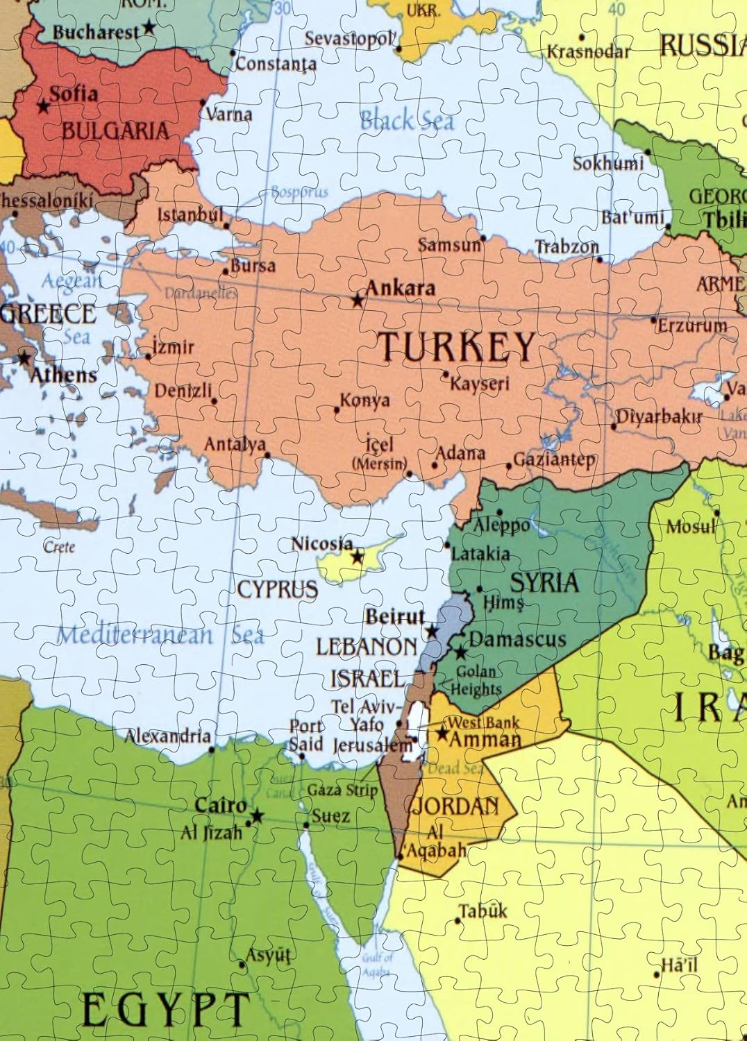 Middle East Political Map puzzle: turkey and eastern Mediterranean detail