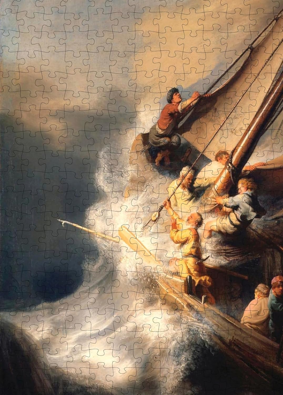 Storm on the Sea of Galilee puzzle: bow, waves and people close-up