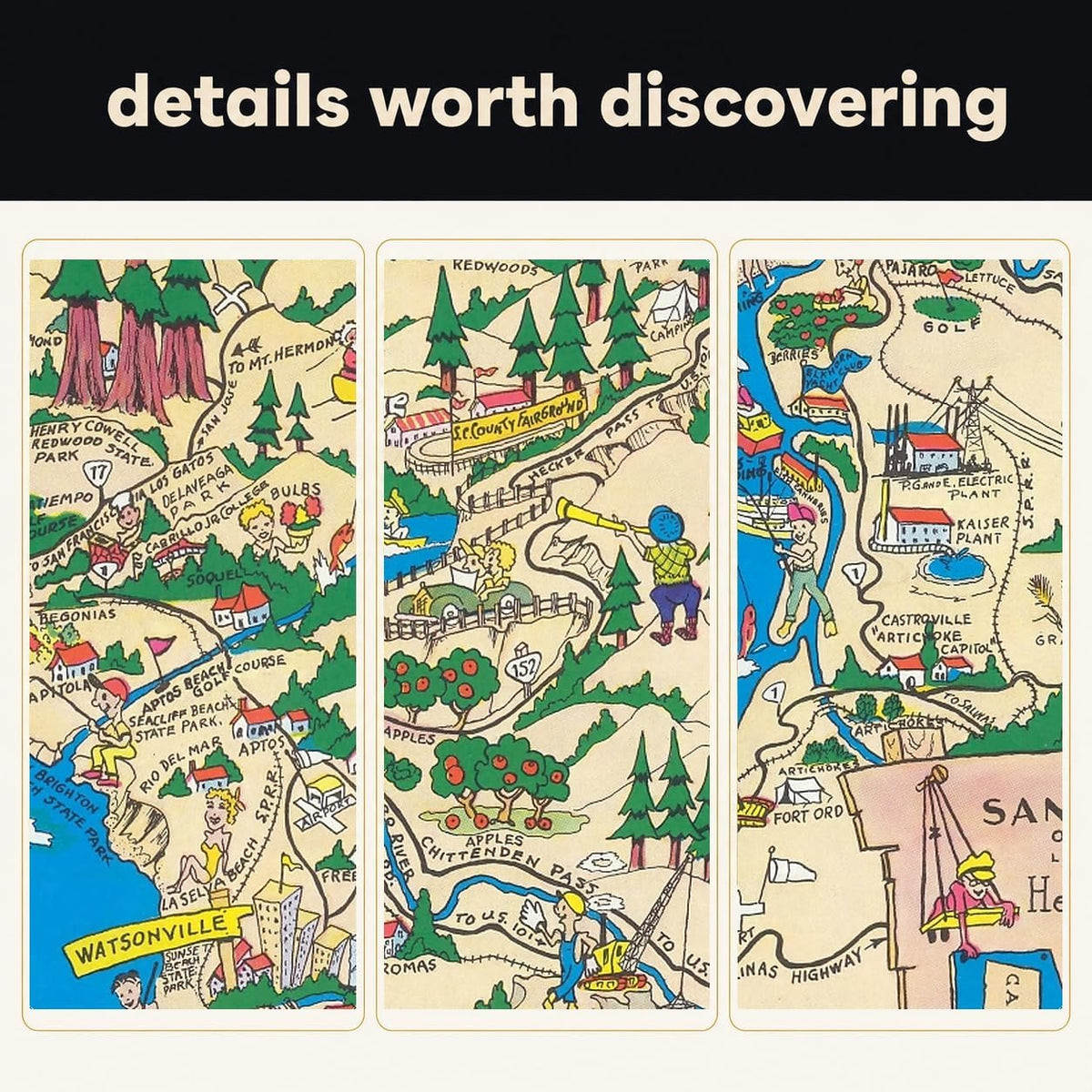 Santa Cruz County Map puzzle: three-panel collage of map details