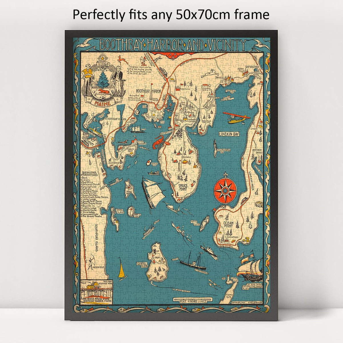 Boothbay Harbor Map puzzle: framed display example