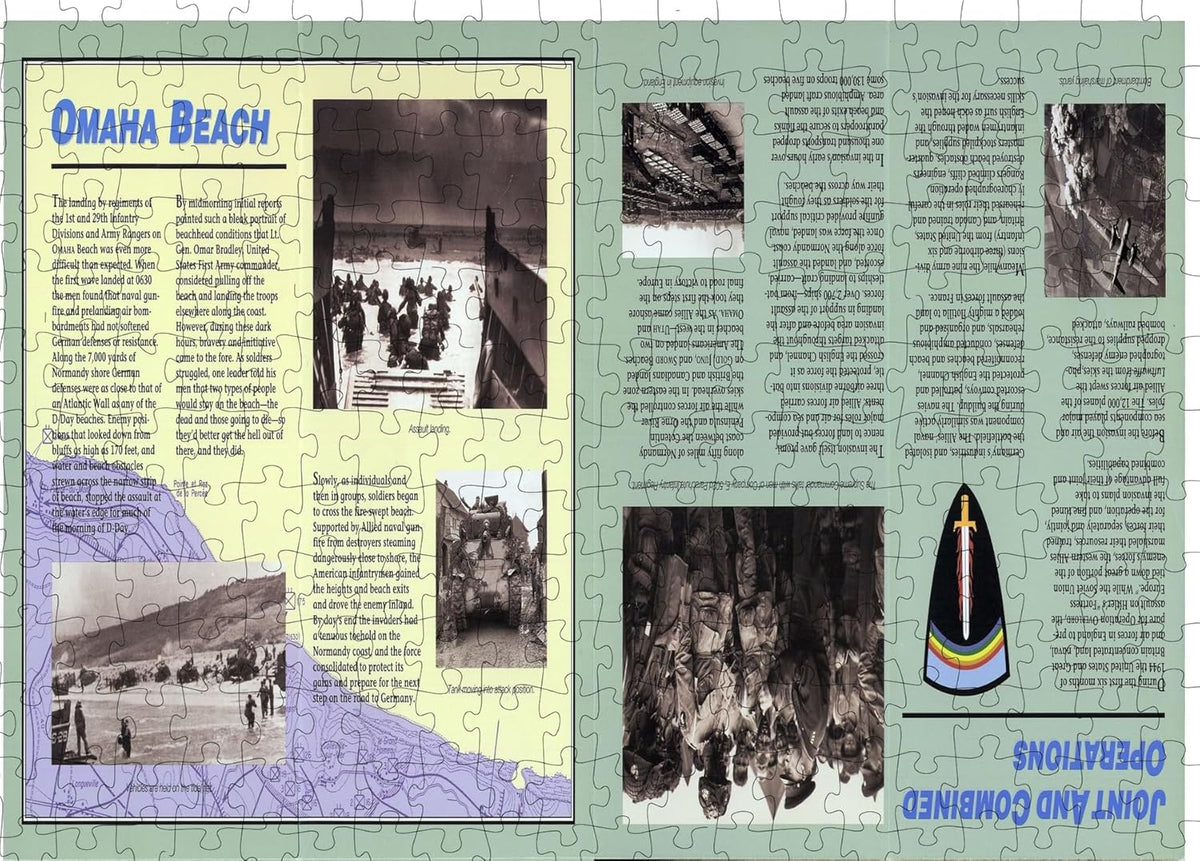 D-Day Normandy Landing Map puzzle: omaha Beach photograph and text panel