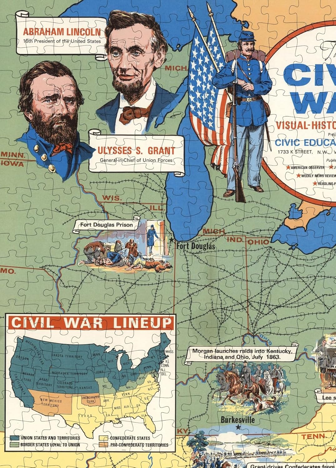 Civil War Illustrated Map puzzle: lincoln and Grant portraits