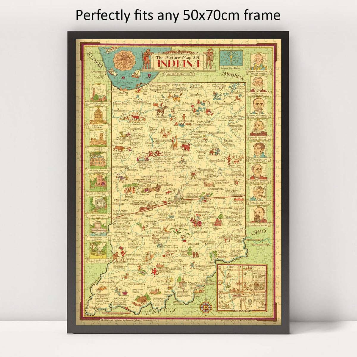 Indiana Pictorial Map puzzle: framed display example