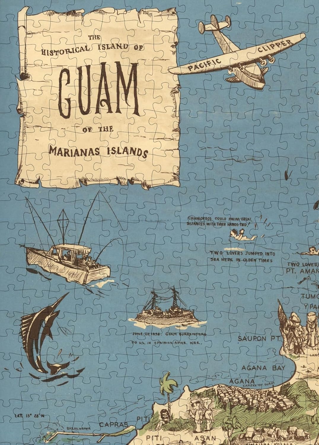 Guam Pictorial Map puzzle: guam title and airplane