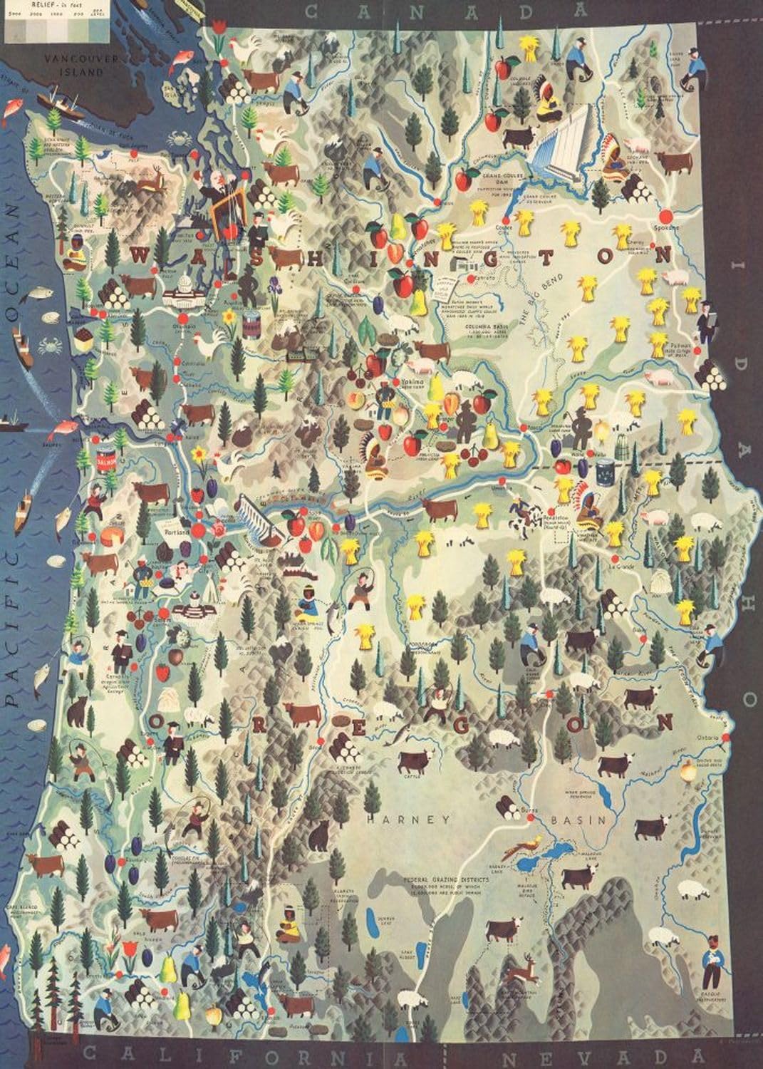 Pacific Northwest Pictorial Map puzzle: full pictorial regional map