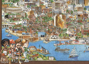Philadelphia Illustrated City Map puzzle: foreground cartoon figures and boats