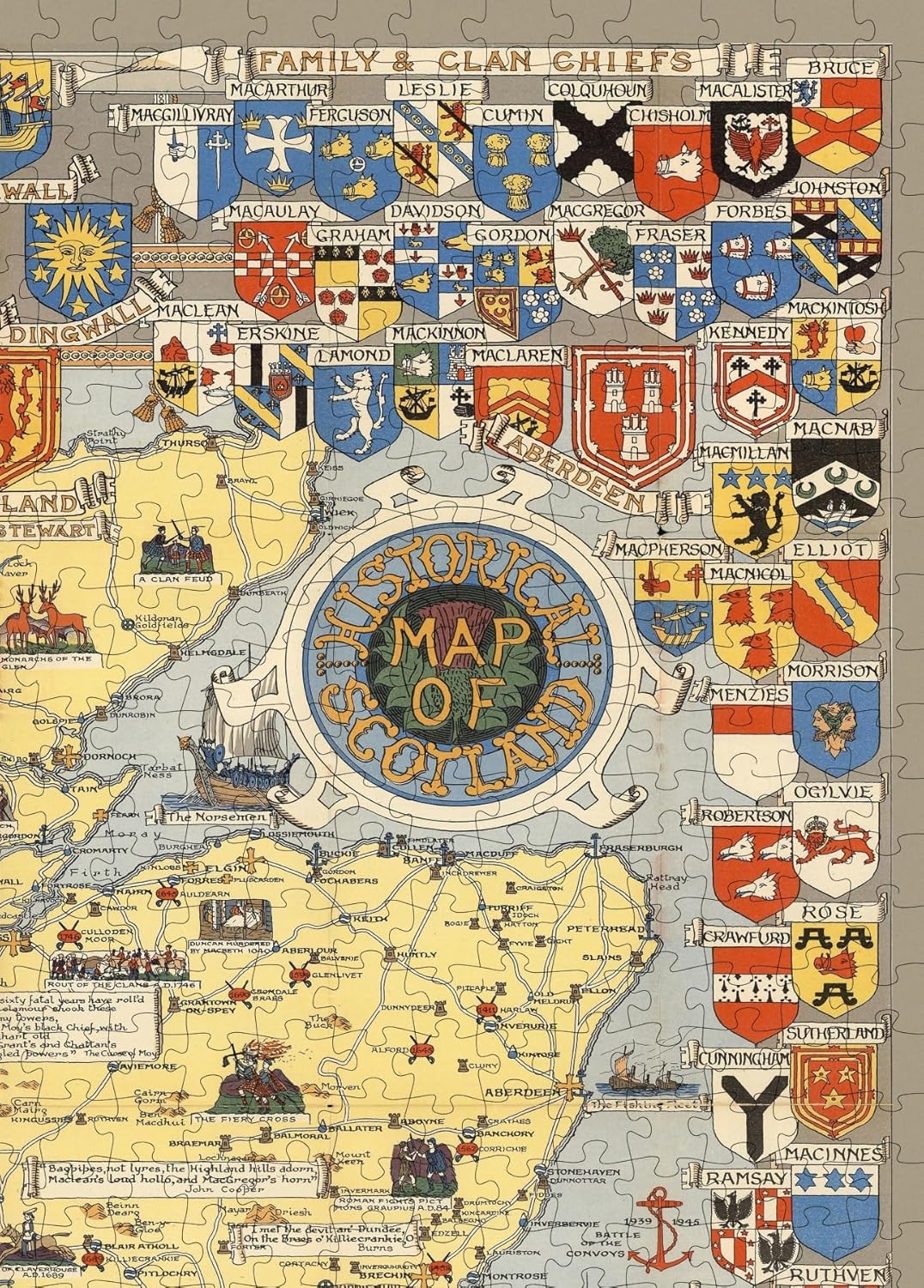 Scotland Heraldic Map puzzle: map title and heraldic border close-up