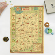 Indiana Pictorial Map puzzle: puzzle and box on white tabletop
